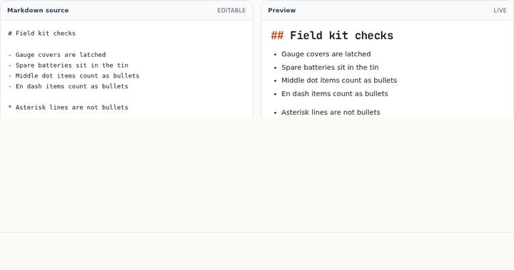 PDFtoMD converted bullet, hyphen, middle-dot, and en-dash lines to a list and left the asterisk and plus lines as paragraphs.