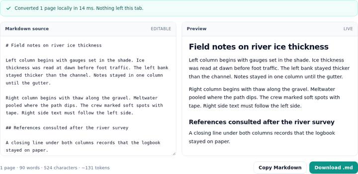 PDFtoMD read the river-ice sample left column first, then the right column, then the references line.